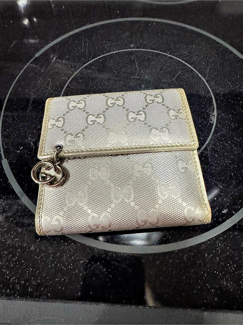 Gucci GG Imprime Canvas Trifold Wallet with Charm Metallic Silver